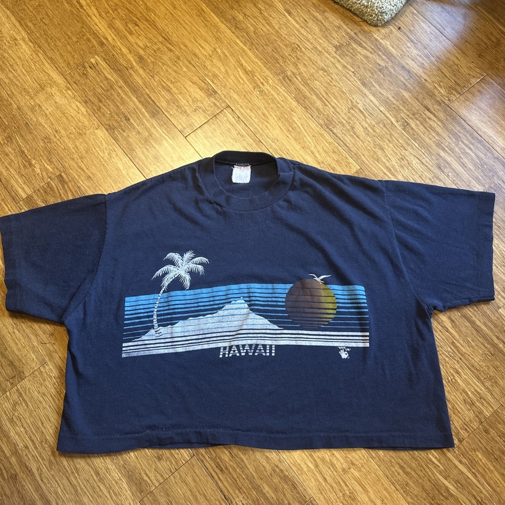 Vintage 90s Hawaii Crop Tee Single Stitch Diamond Head Palm Tree Navy Shirt